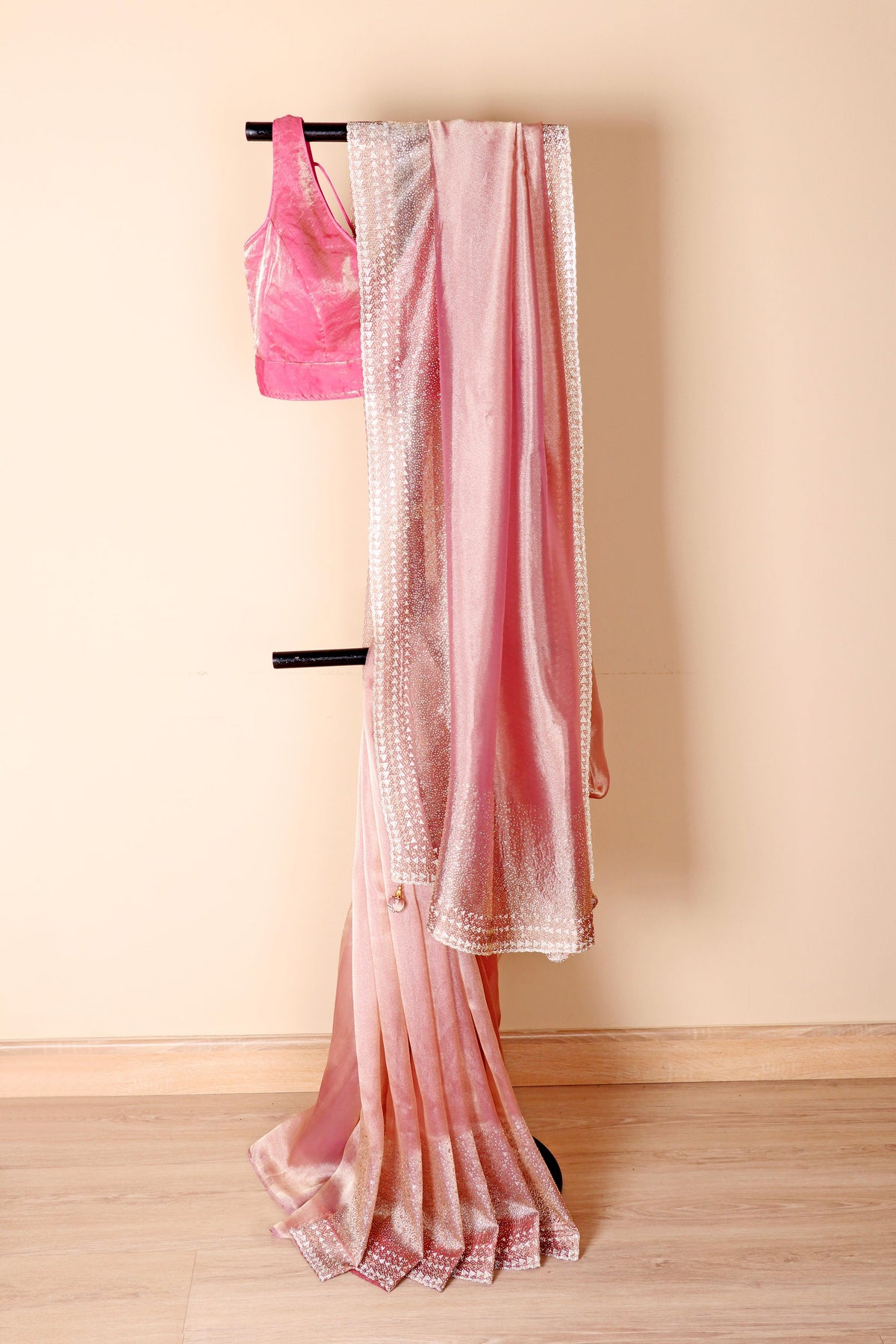 Baby Pink Tissue Organza Saree with Silver Zari Chevron Geometric Border and Gold Tassels | 1034