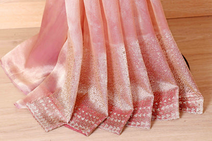 Baby Pink Tissue Organza Saree with Silver Zari Chevron Geometric Border and Gold Tassels | 1034