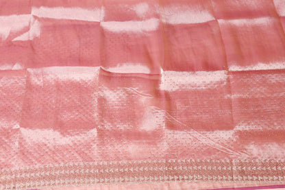 Baby Pink Tissue Organza Saree with Silver Zari Chevron Geometric Border and Gold Tassels | 1034