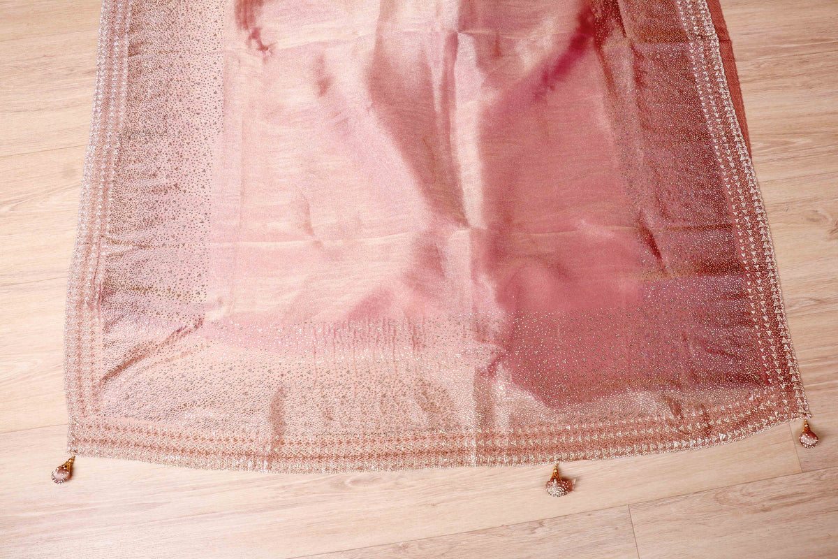 Baby Pink Tissue Organza Saree with Silver Zari Chevron Geometric Border and Gold Tassels | 1034
