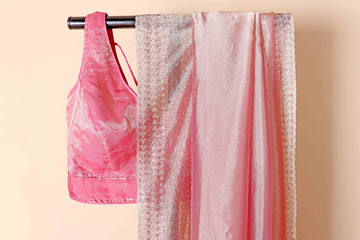 Baby Pink Tissue Organza Saree with Silver Zari Chevron Geometric Border and Gold Tassels | 1034