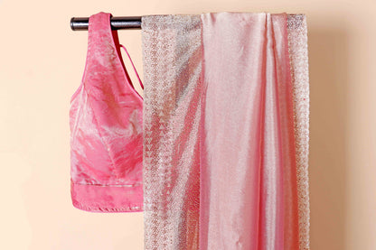 Baby Pink Tissue Organza Saree with Silver Zari Chevron Geometric Border and Gold Tassels | 1034