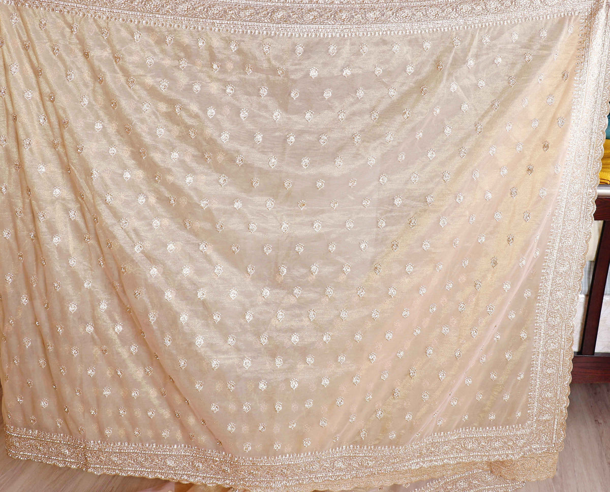 Cream Beige Tissue Organza Saree with All-Over Silver Thread Floral Butti Embroidery and Matching Border | 1035