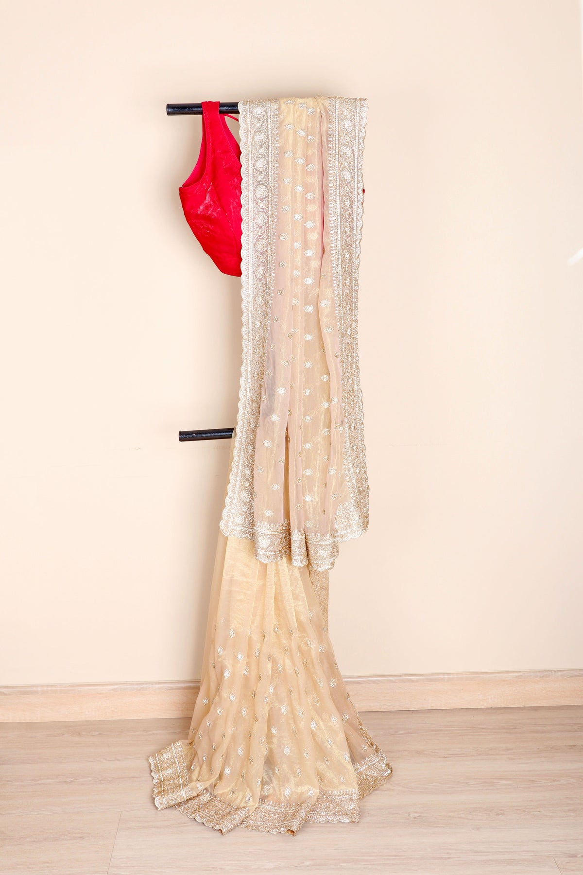 Cream Beige Tissue Organza Saree with All-Over Silver Thread Floral Butti Embroidery and Matching Border | 1035