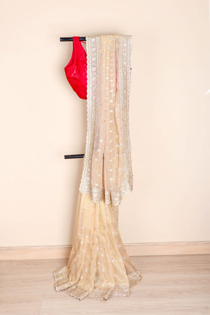 Cream Beige Tissue Organza Saree with All-Over Silver Thread Floral Butti Embroidery and Matching Border | 1035
