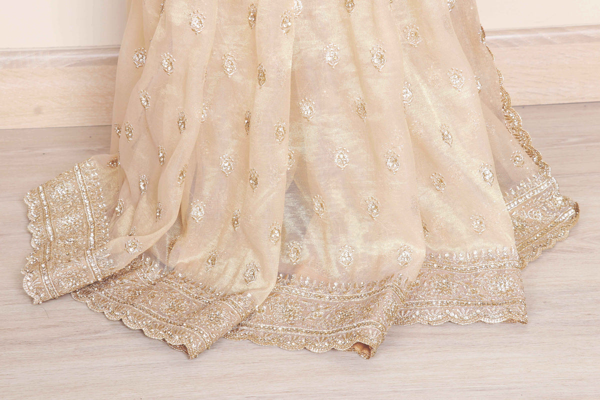 Cream Beige Tissue Organza Saree with All-Over Silver Thread Floral Butti Embroidery and Matching Border | 1035
