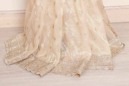 Cream Beige Tissue Organza Saree with All-Over Silver Thread Floral Butti Embroidery and Matching Border | 1035