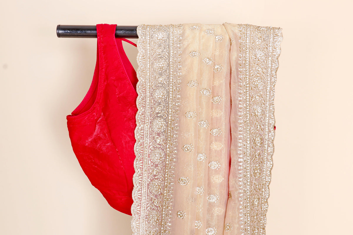Cream Beige Tissue Organza Saree with All-Over Silver Thread Floral Butti Embroidery and Matching Border | 1035