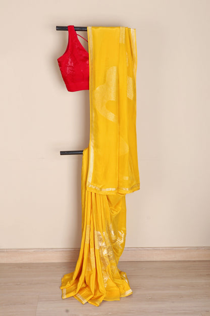 Mango Yellow Soft Saree with Gold Sequin Abstract Floral Motifs and Gold Zari Border | 1036