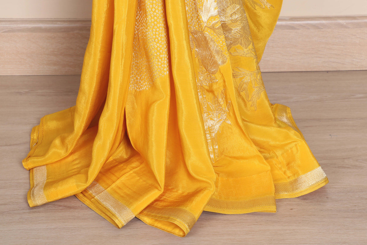 Mango Yellow Soft Saree with Gold Sequin Abstract Floral Motifs and Gold Zari Border | 1036