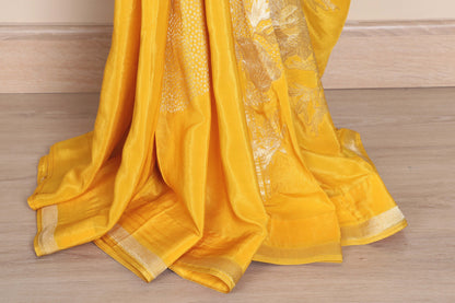 Mango Yellow Soft Saree with Gold Sequin Abstract Floral Motifs and Gold Zari Border | 1036