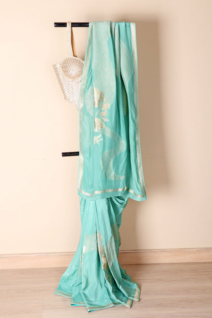 Mint Green Soft Silk Saree with Gold Zari Peacock Floral Woven Motifs and Gold Butti and Zari Border | 1037