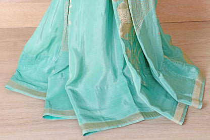 Mint Green Soft Silk Saree with Gold Zari Peacock Floral Woven Motifs and Gold Butti and Zari Border | 1037