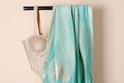 Mint Green Soft Silk Saree with Gold Zari Peacock Floral Woven Motifs and Gold Butti and Zari Border | 1037
