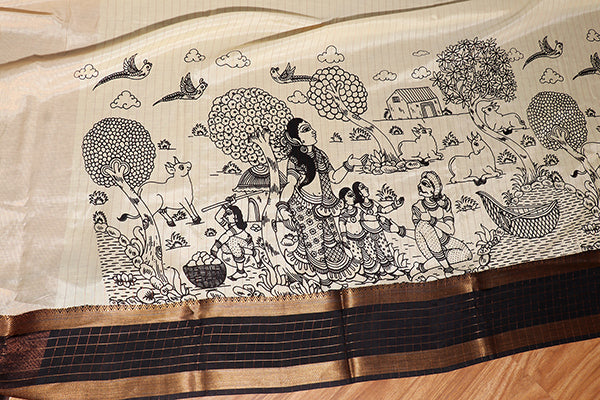 Mythical Madhubani – Hand-Painted Pen Kalamkari Saree (New 250-R-250)