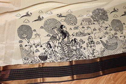 Mythical Madhubani – Hand-Painted Pen Kalamkari Saree (New 250-R-250)
