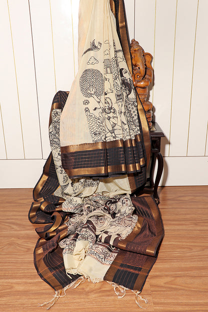 Mythical Madhubani – Hand-Painted Pen Kalamkari Saree (New 250-R-250)