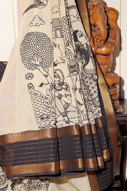 Mythical Madhubani – Hand-Painted Pen Kalamkari Saree (New 250-R-250)