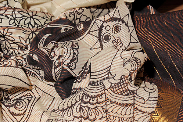 Mythical Madhubani – Hand-Painted Pen Kalamkari Saree (New 250-R-250)