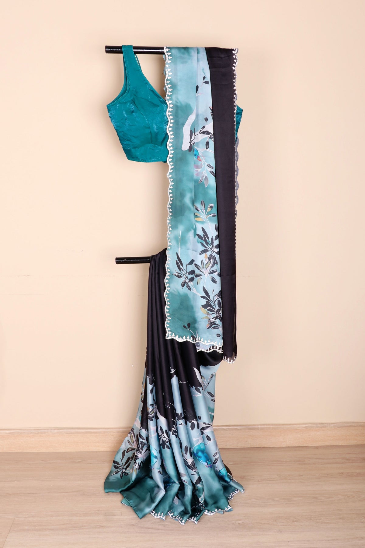 Kaali Shyam Satin Crepe Saree with Teal Watercolor Botanical Leaf and Bird Print and Pearl Scalloped Border | 1049