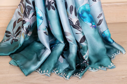 Kaali Shyam Satin Crepe Saree with Teal Watercolor Botanical Leaf and Bird Print and Pearl Scalloped Border | 1049