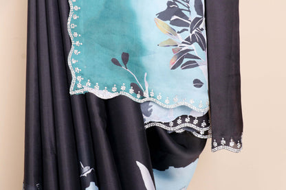 Kaali Shyam Satin Crepe Saree with Teal Watercolor Botanical Leaf and Bird Print and Pearl Scalloped Border | 1049