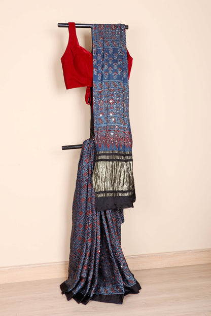 Indigo Ajrakh Block Printed Saree with Red Kutchi Geometric Floral Print Mirror Work and Gold Tissue Kinari | 1053