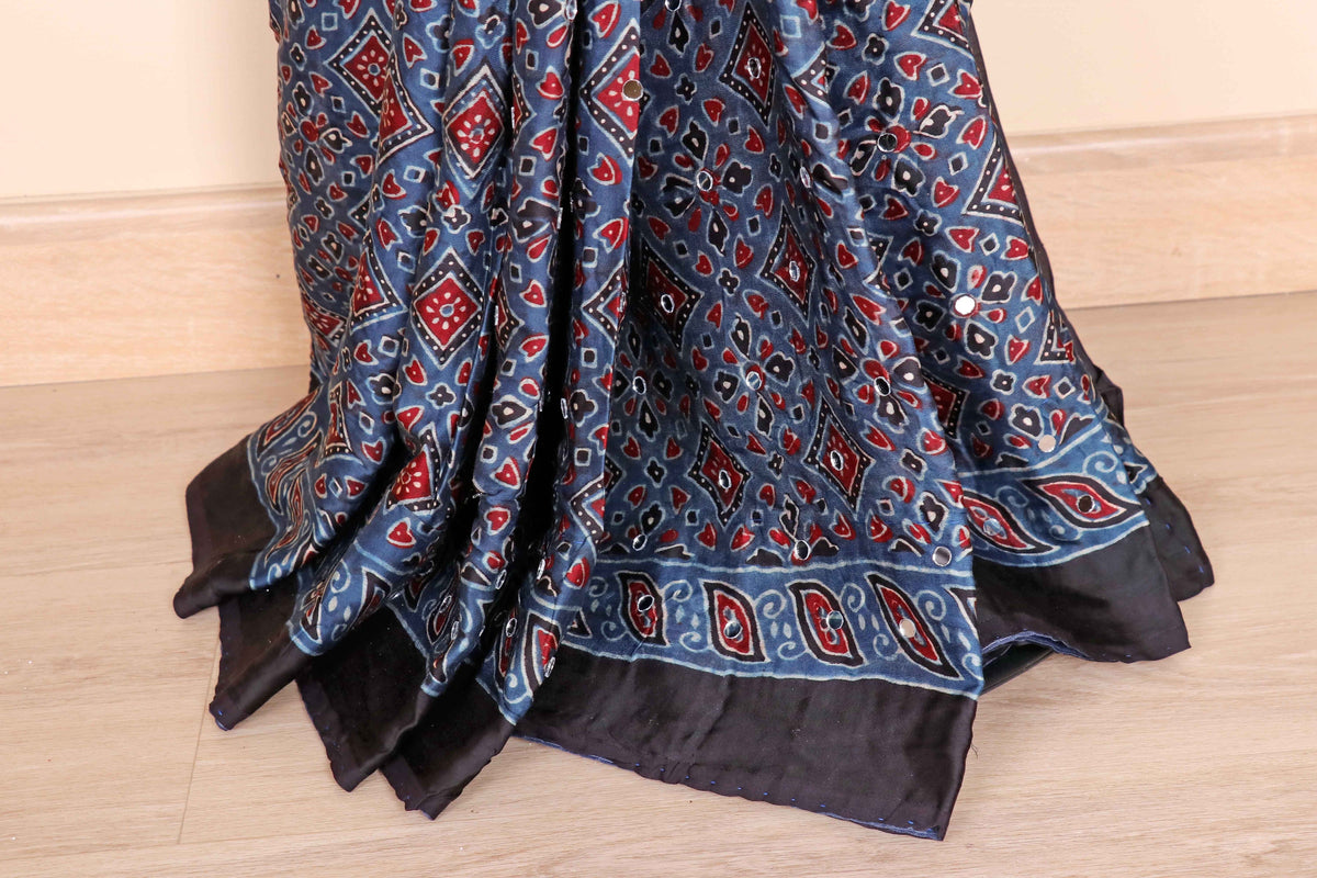 Indigo Ajrakh Block Printed Saree with Red Kutchi Geometric Floral Print Mirror Work and Gold Tissue Kinari | 1053