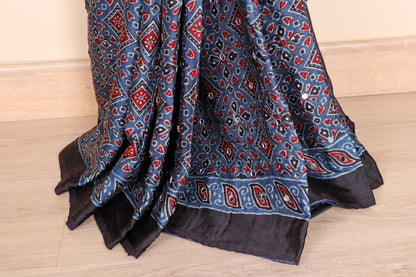 Indigo Ajrakh Block Printed Saree with Red Kutchi Geometric Floral Print Mirror Work and Gold Tissue Kinari | 1053