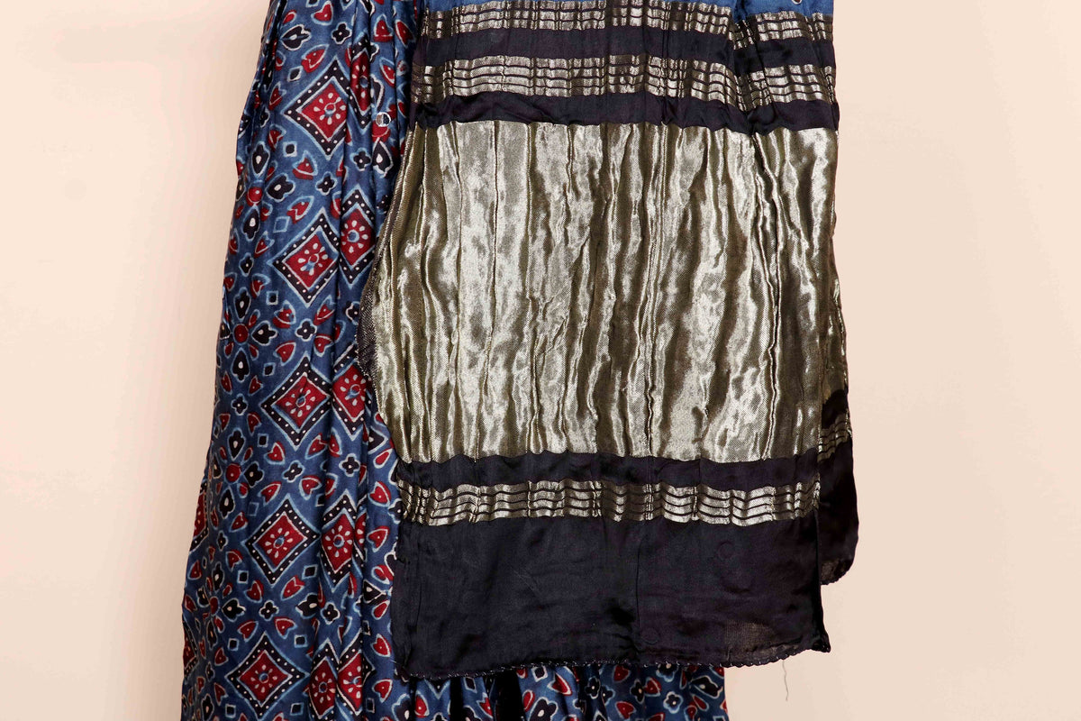 Indigo Ajrakh Block Printed Saree with Red Kutchi Geometric Floral Print Mirror Work and Gold Tissue Kinari | 1053