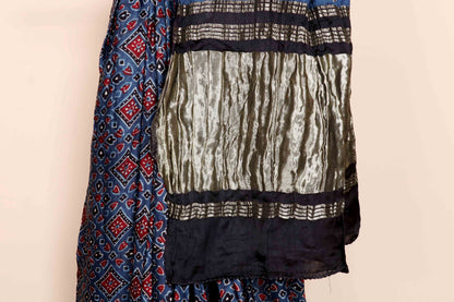 Indigo Ajrakh Block Printed Saree with Red Kutchi Geometric Floral Print Mirror Work and Gold Tissue Kinari | 1053