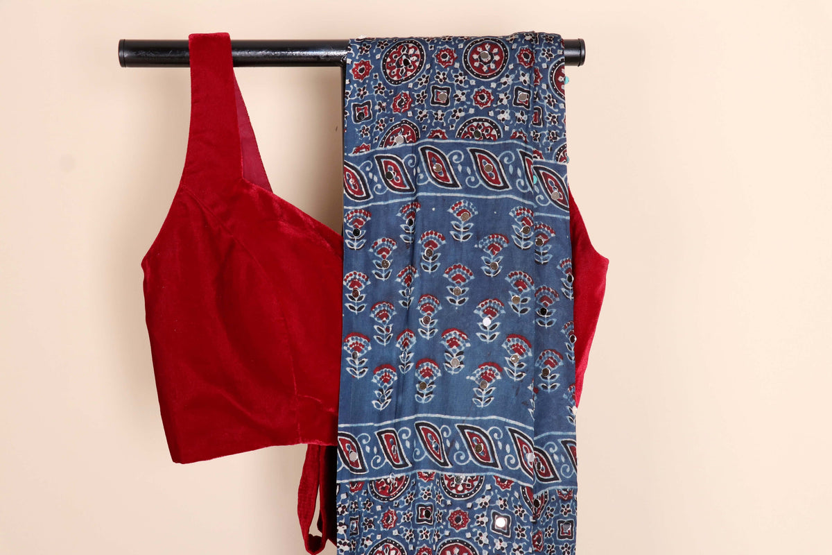Indigo Ajrakh Block Printed Saree with Red Kutchi Geometric Floral Print Mirror Work and Gold Tissue Kinari | 1053