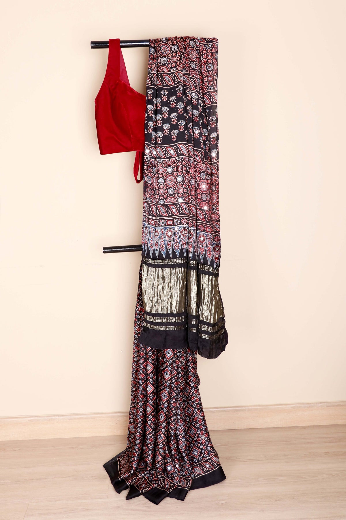 Kaali Ajrakh Block Printed Silk Saree with  Mirror Work and Gold Tissue Kinari | 1050