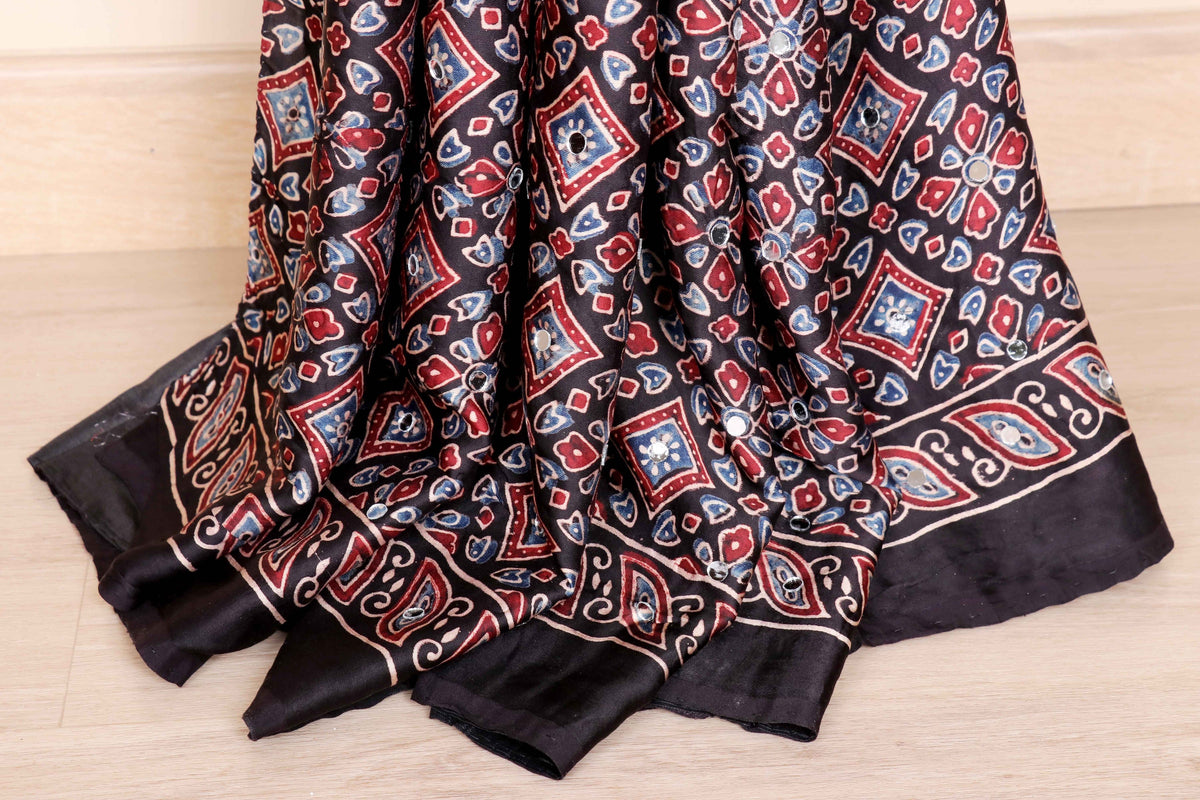Kaali Ajrakh Block Printed Silk Saree with  Mirror Work and Gold Tissue Kinari | 1050
