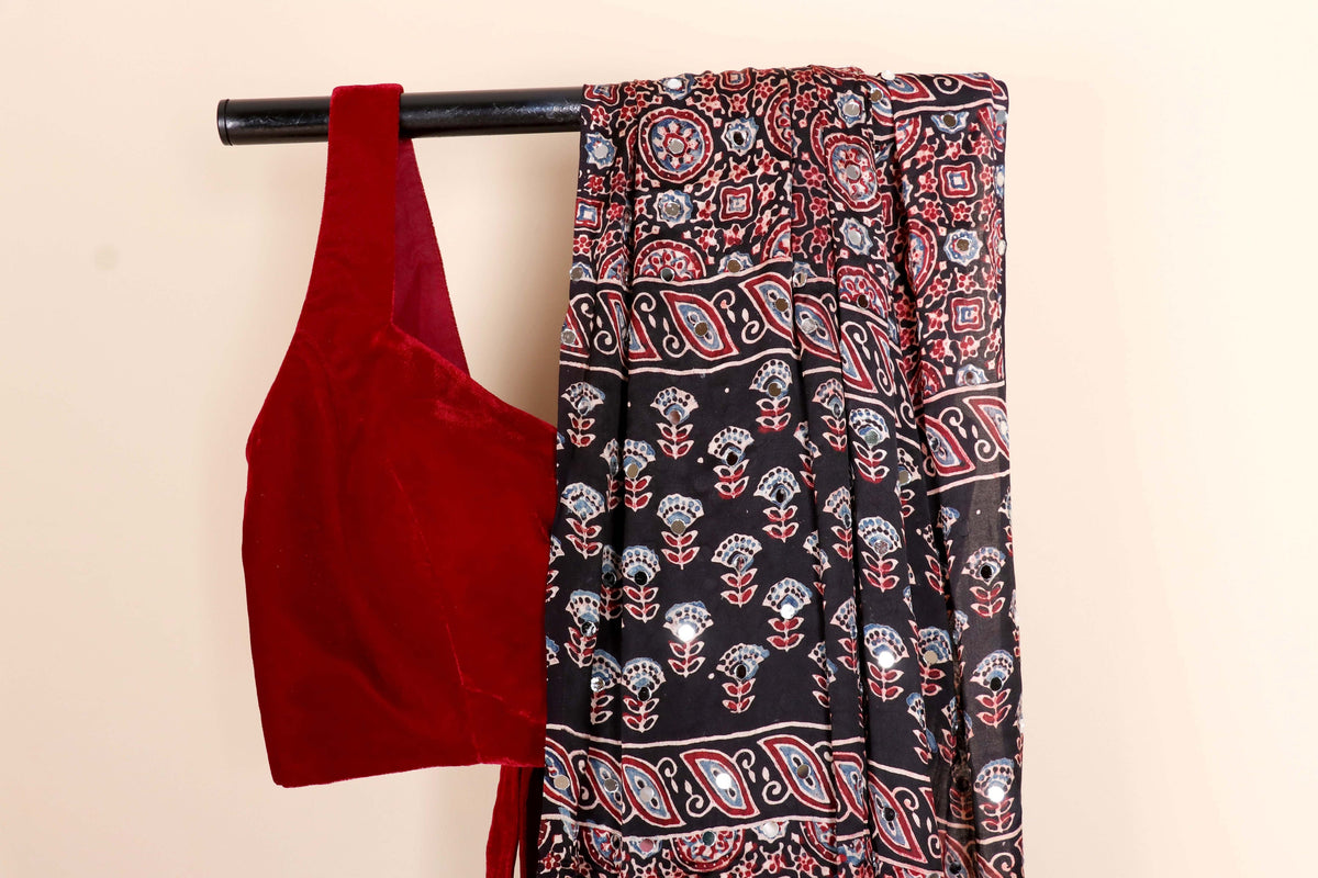 Kaali Ajrakh Block Printed Silk Saree with  Mirror Work and Gold Tissue Kinari | 1050