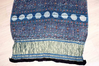 Neel Ajrakh Block Printed Silk Saree with Mirror Work|/ 1051
