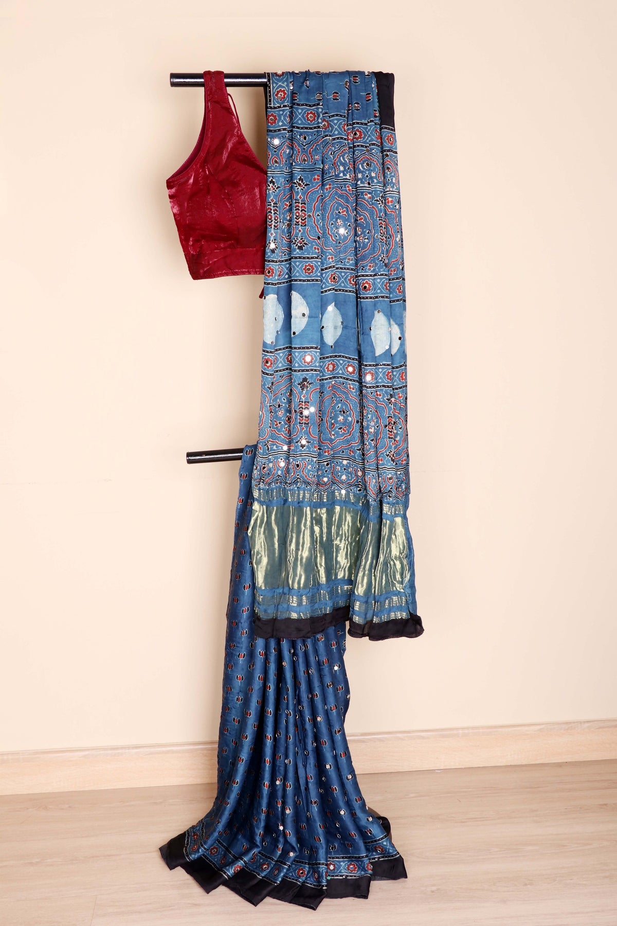 Neel Ajrakh Block Printed Silk Saree with Mirror Work|/ 1051