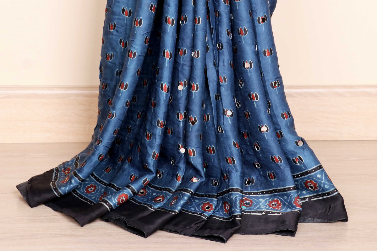 Neel Ajrakh Block Printed Silk Saree with Mirror Work|/ 1051
