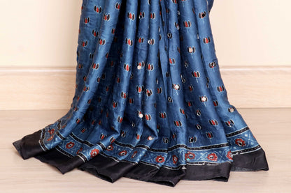 Neel Ajrakh Block Printed Silk Saree with Mirror Work|/ 1051