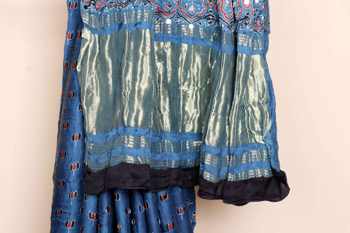 Neel Ajrakh Block Printed Silk Saree with Mirror Work|/ 1051