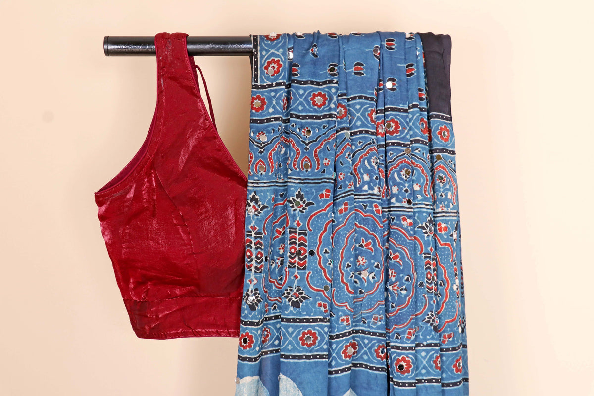 Neel Ajrakh Block Printed Silk Saree with Mirror Work|/ 1051