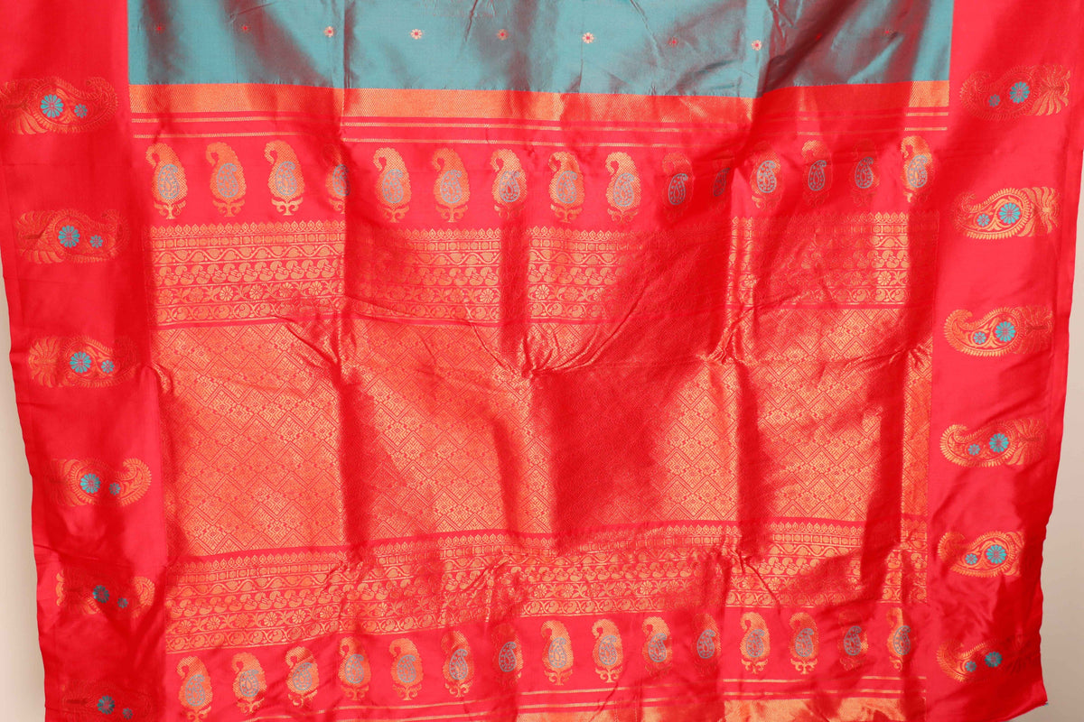 Firozi Soft Silk Saree with Rani Pink Pallu Gold Zari Keri Paisley Motifs  | 1055
