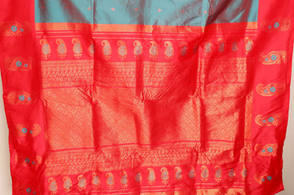 Firozi Soft Silk Saree with Rani Pink Pallu Gold Zari Keri Paisley Motifs  | 1055