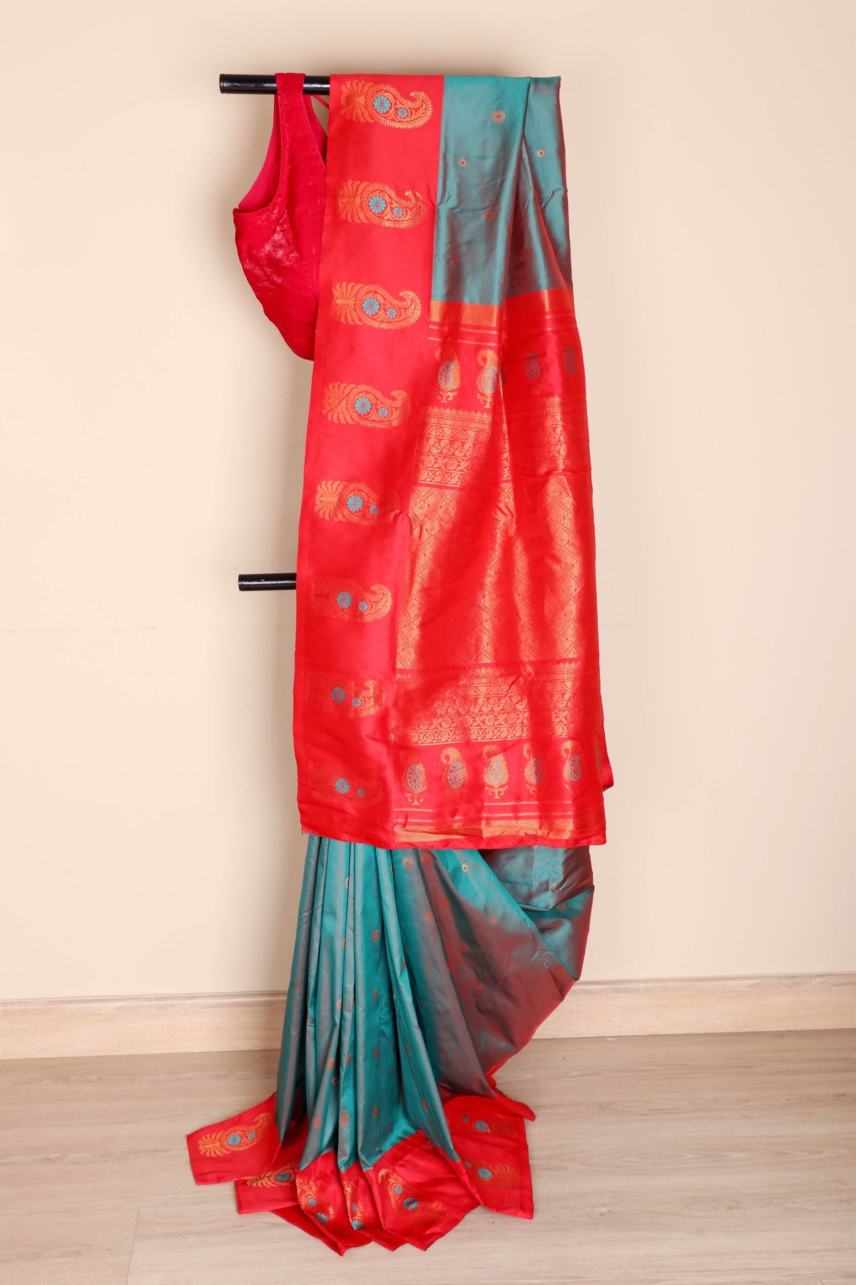 Firozi Soft Silk Saree with Rani Pink Pallu Gold Zari Keri Paisley Motifs  | 1055