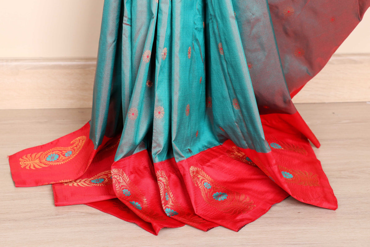 Firozi Soft Silk Saree with Rani Pink Pallu Gold Zari Keri Paisley Motifs  | 1055