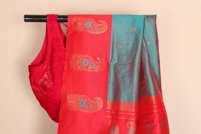 Firozi Soft Silk Saree with Rani Pink Pallu Gold Zari Keri Paisley Motifs  | 1055
