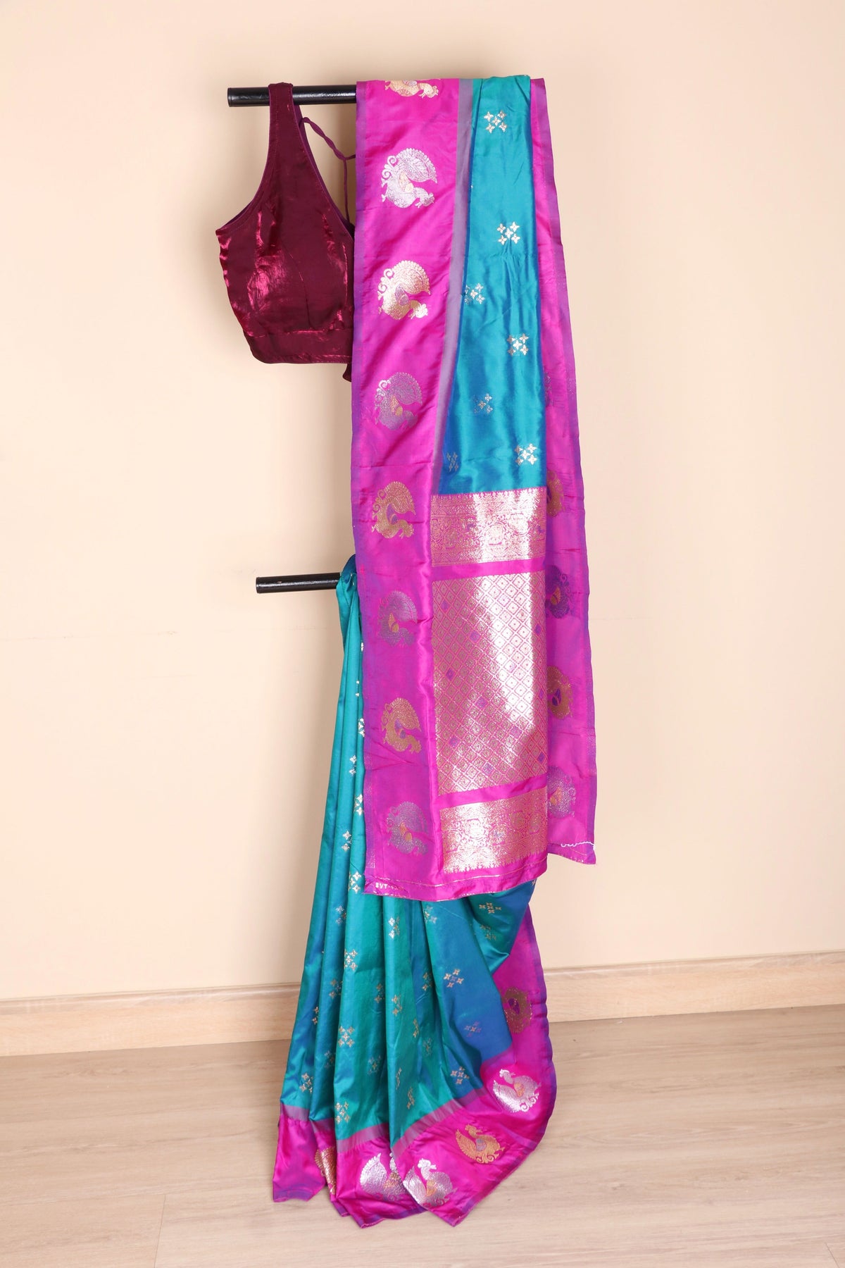 Mor Pankhi Soft Silk Saree with Rani Pink Border Gold Zari Peacock Fan Motifs and Cross Butti | 1057
