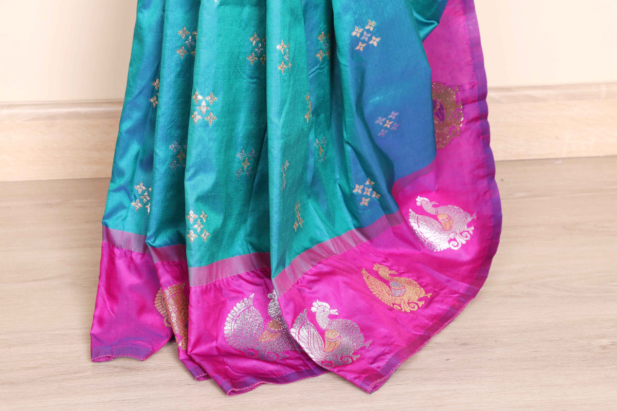 Mor Pankhi Soft Silk Saree with Rani Pink Border Gold Zari Peacock Fan Motifs and Cross Butti | 1057