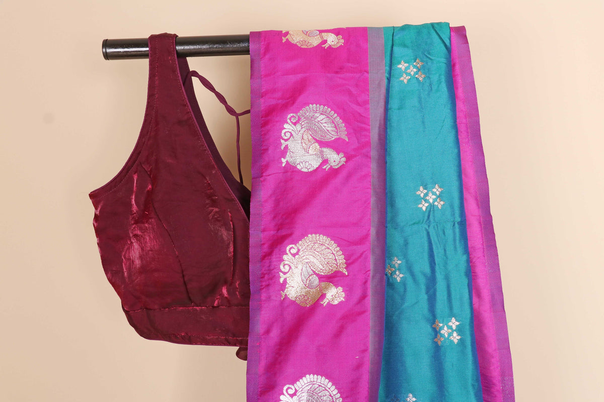 Mor Pankhi Soft Silk Saree with Rani Pink Border Gold Zari Peacock Fan Motifs and Cross Butti | 1057