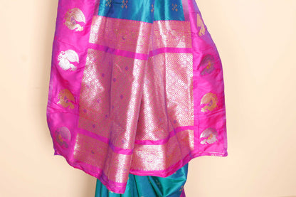 Mor Pankhi Soft Silk Saree with Rani Pink Border Gold Zari Peacock Fan Motifs and Cross Butti | 1057